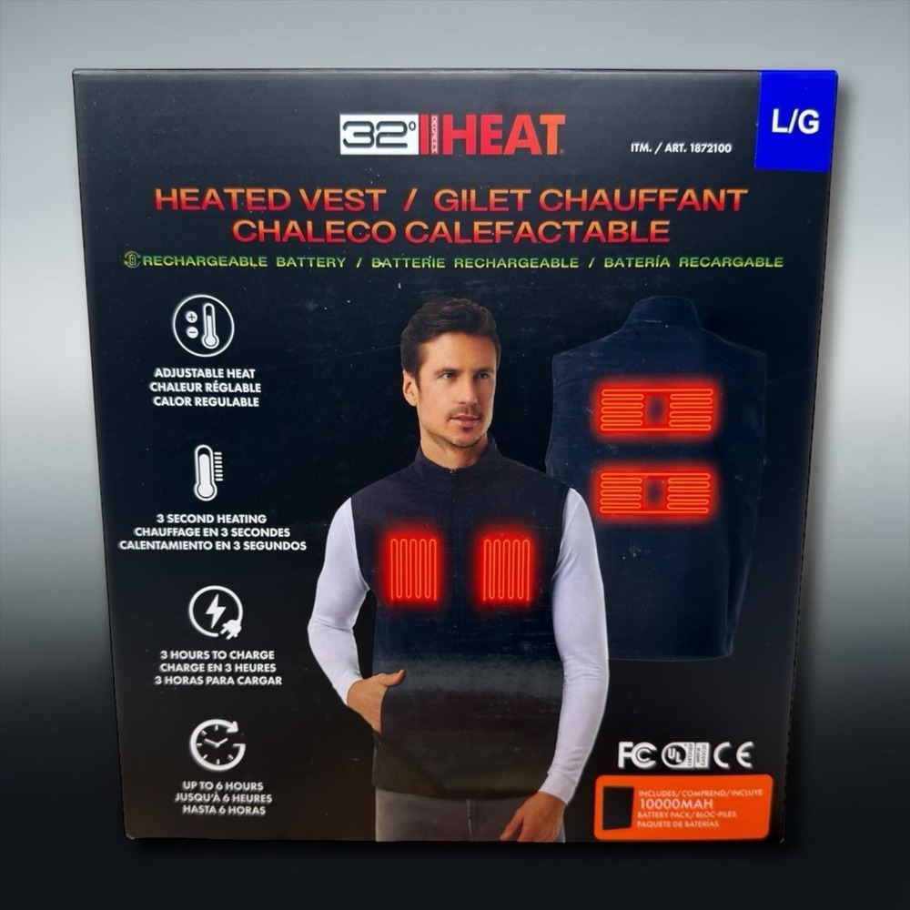 32 Degrees Rechargeable Heated Vest Black 6 Hr Rechargeable Battery Mens Large